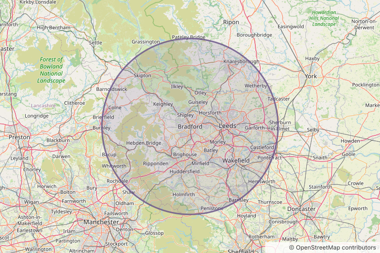 Map of the area we cover, within 20 miles of Bradford